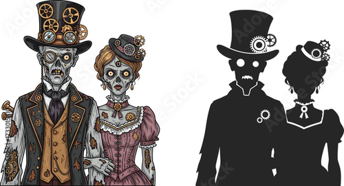 Steampunk zombie couple illustration, gothic undead characters, vintage horror art, scary halloween design, spooky walking dead lovers, creepy apocalypse artwork