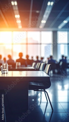 Conference Room View with People Sitting at Tables and Large Windows During Golden Hour