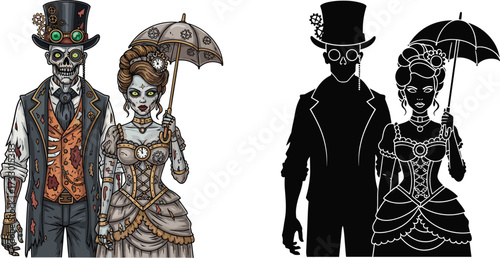 Steampunk zombie couple illustration, gothic undead lovers, scary halloween artwork, creepy vintage horror design, spooky walking dead art, dark fantasy apocalypse characters