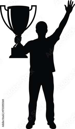 Silhouette of a triumphant person holding a large trophy celebrating victory and achievement raised hand symbolizing success vector