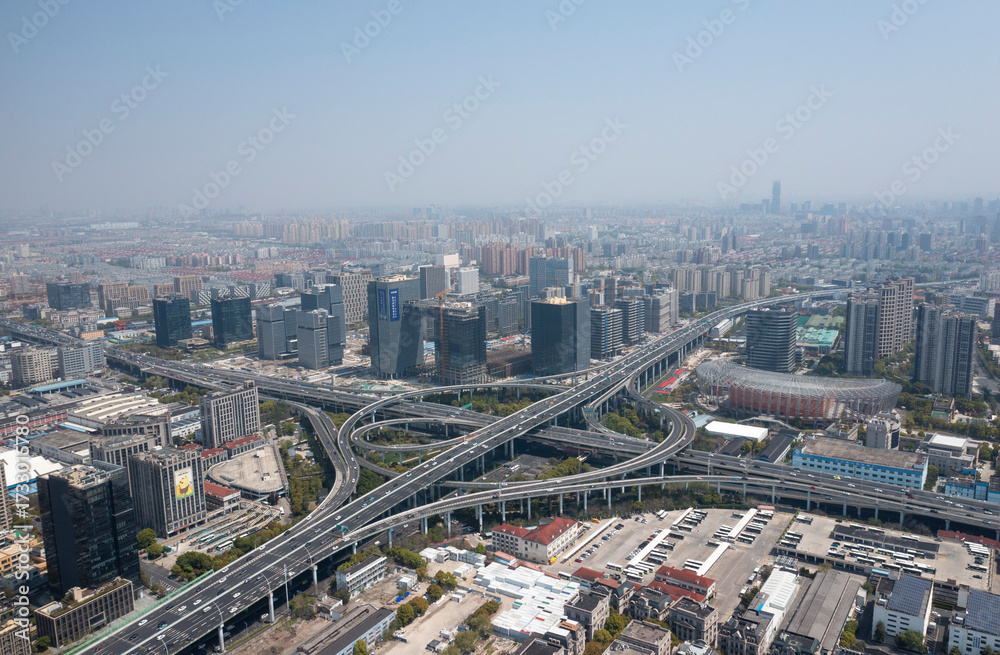 Fototapeta premium Shanghai, China- November 25,2023: The drone aerial view of cityscape. High quality photo