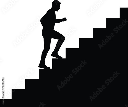 Silhouette of a determined person climbing stairs with a backpack symbolizing progress and achievement vector
