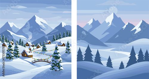 Winter snowy mountain landscape with Christmas village, holiday lights, pine forest, frosty scenery, peaceful night, alpine cabins, festive seasonal background illustration