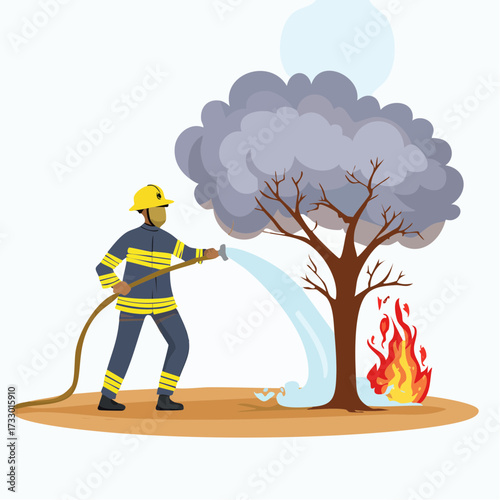 A firefighter battles a wildfire, using a hose to control the flames. Dramatic scene with smoke and a barren tree. Clear tackle illustration.
