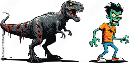 Zombie cartoon character with green skin, scary undead monster illustration, evil dinosaur with blood, horror fantasy artwork, spooky Halloween design, creepy