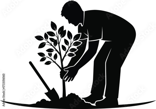 Gardener planting a young sapling tree outdoors during daytime symbolizing growth environment and sustainability concept vector