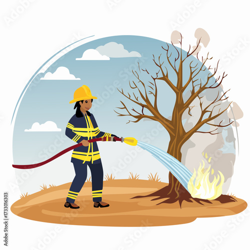 A firefighter battles a wildfire, using a hose to control the flames. Dramatic scene with smoke and a barren tree. Clear tackle illustration.