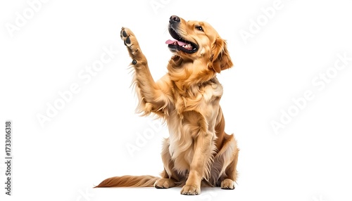 Golden Retriever seated, paw raised