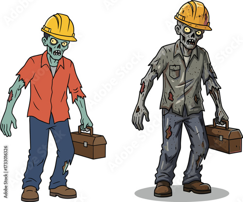 Zombie construction worker illustration, undead builder character art, scary horror zombie with toolbox, apocalyptic worker monster, Halloween undead laborer artwork
