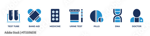 Key Medical  Icons set vector illustration blue with  TEST TUBE, BAND AID, MEDICINE, URINE TEST, PILLS, DNA, DOCTOR