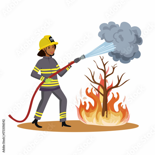 A firefighter battles a wildfire, using a hose to control the flames. Dramatic scene with smoke and a barren tree. Clear tackle illustration.