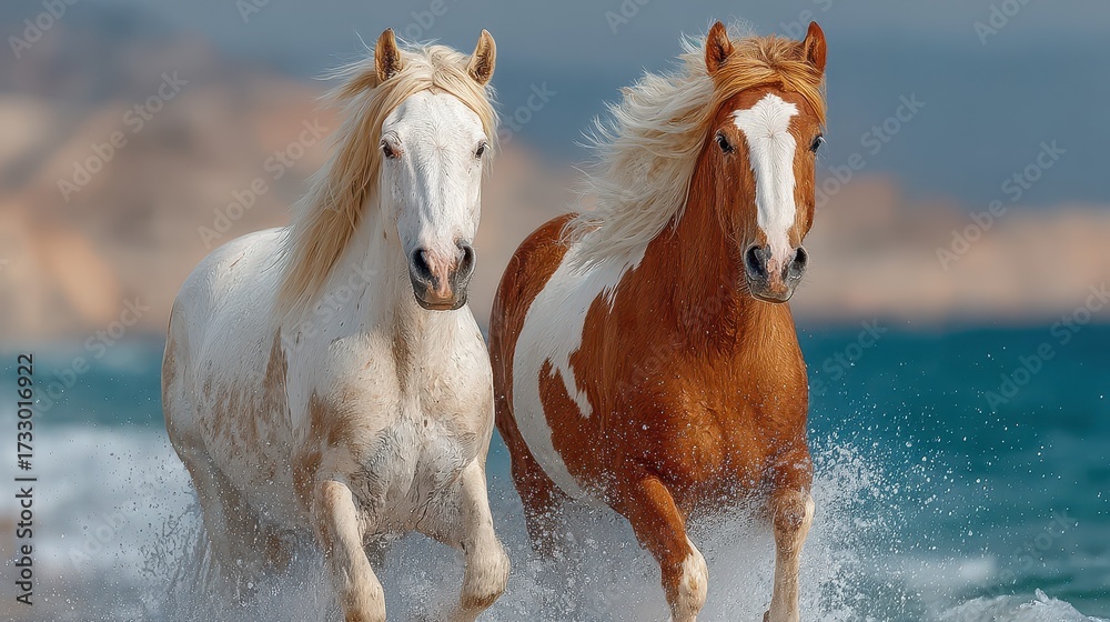 Obraz premium Two horses gallop through waves by the shore under a clear sky during a sunny day