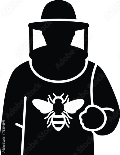 Silhouette beekeeper protective suit with bee emblem for apiary and honey production concepts vector