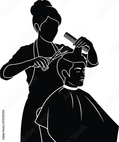 Professional hairstylist cutting hair with scissors and comb client seated in salon chair aproned barber vector