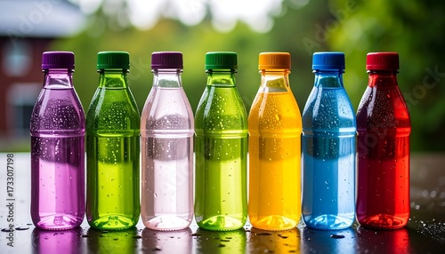 Colorful array of bottled drinks on a table with with blurred green background.