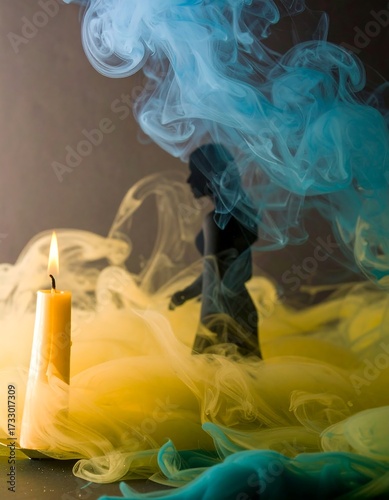 Silhouette figure in colored smoke with candle