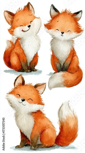 Cute watercolor illustrations of three playful foxes in a cheerful and whimsical style showcasing their charming expressions