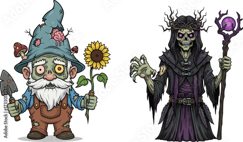 Zombie garden gnome holding sunflower and shovel, dark skeleton sorcerer with staff, creepy fantasy Halloween horror cartoon character illustration design
