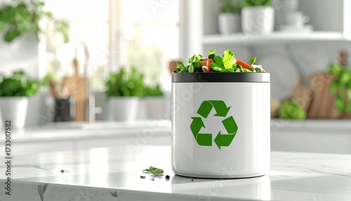 Sustainable living concept with a kitchen compost caddy for food waste recycling, promoting an eco-friendly and zero-waste lifestyle at home