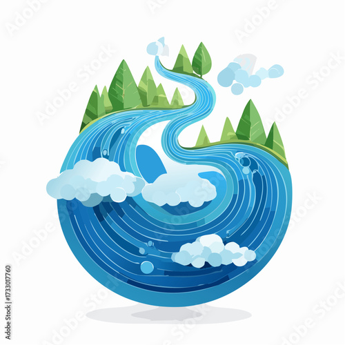 Blue River Flowing in Circle with Green Trees and White Clouds Graphic Illustration