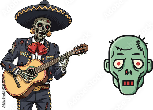 Zombie mariachi skeleton playing guitar illustration, Mexican undead musician artwork, scary Halloween skull character, cartoon horror head design vector