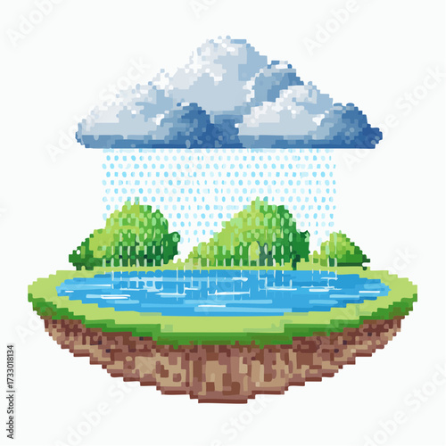 Pixelated Floating Island Landscape with Rainy Cloud Green Grass Blue Water Brown Soil Digital Art Aesthetic with Overcast Sky Pixel Art