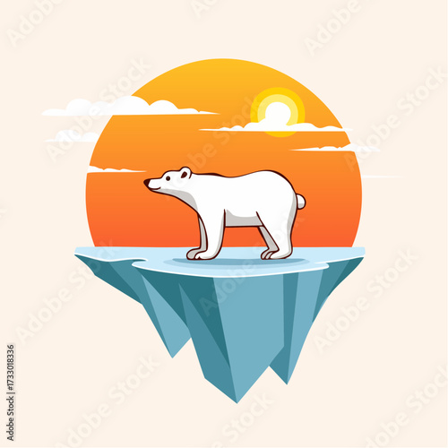 A polar bear stands on a melting iceberg under a blazing sun. A striking, minimalist illustration with a warm color palette. Perfect for summer, heat, or environmental themes.