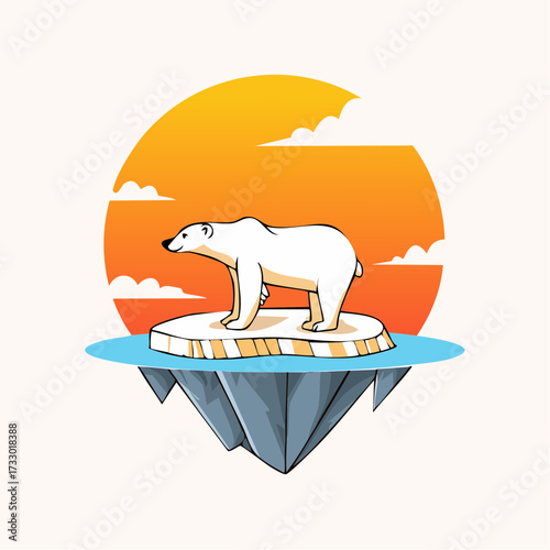 A polar bear stands on a melting iceberg under a blazing sun. A striking, minimalist illustration with a warm color palette. Perfect for summer, heat, or environmental themes.