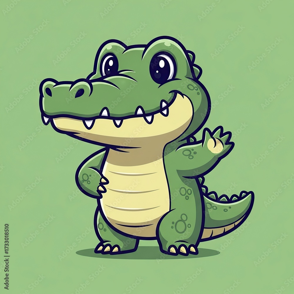 Naklejka premium Cute Green Cartoon Alligator Standing Waving Hand on Light Green Background
