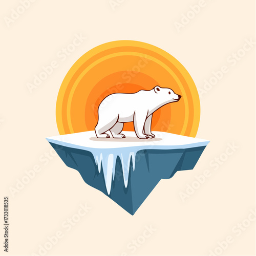 A polar bear stands on a melting iceberg under a blazing sun. A striking, minimalist illustration with a warm color palette. Perfect for summer, heat, or environmental themes.