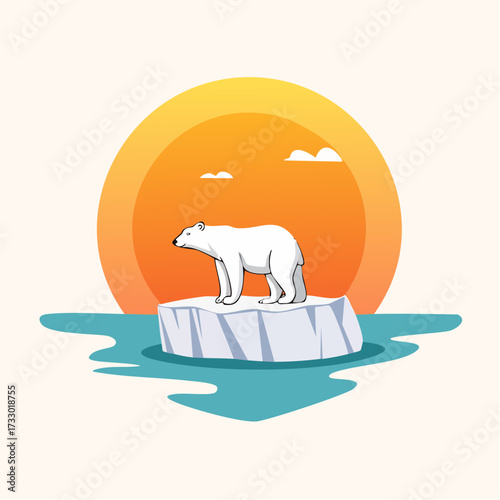 A polar bear stands on a melting iceberg under a blazing sun. A striking, minimalist illustration with a warm color palette. Perfect for summer, heat, or environmental themes.