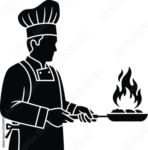 Professional chef cooking delicious food on fire in a frying pan culinary art vector