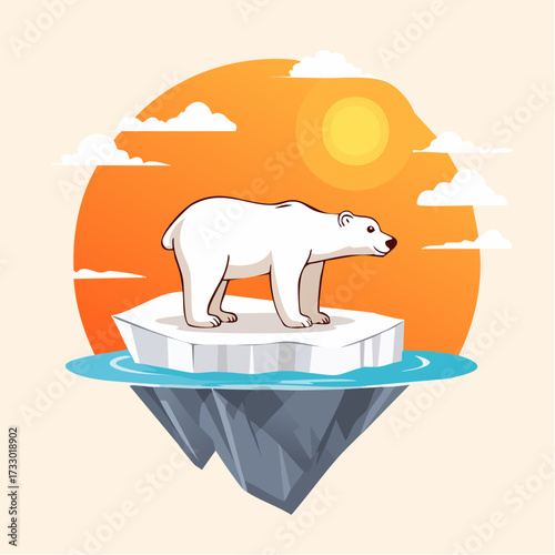 A polar bear stands on a melting iceberg under a blazing sun. A striking, minimalist illustration with a warm color palette. Perfect for summer, heat, or environmental themes.