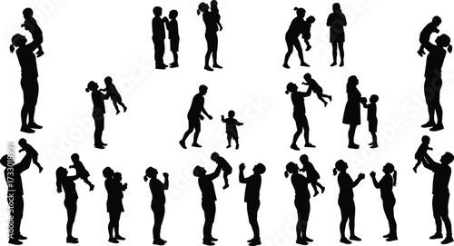 Adult and child silhouette set, parenting moments, playful interaction, caregiving bond, black vector art, love, trust, family connection