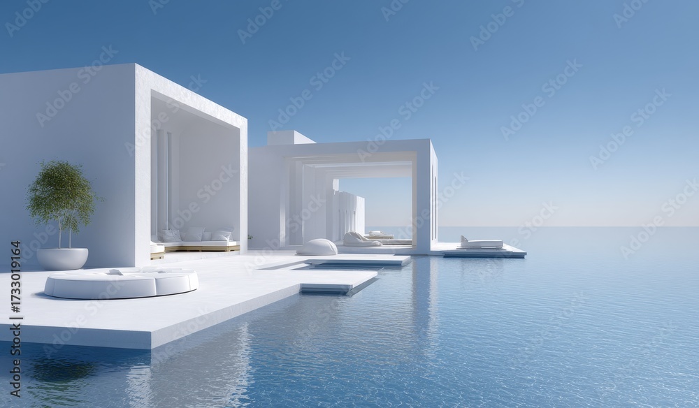 Fototapeta premium A modern white architectural design by the calm blue water, featuring minimalist structures and serene relaxation space.