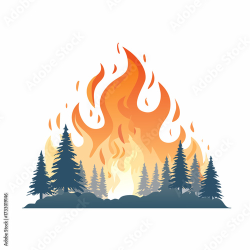 A dramatic wildfire consumes a forest landscape. Intense flames and smoke rise against a silhouette of trees. Evokes power and natural disaster.