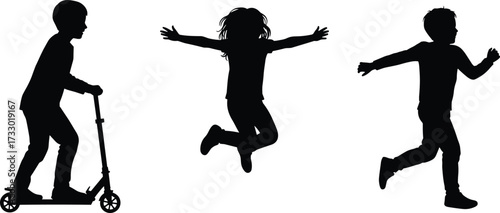 Children activity silhouette set, scooter riding, jumping pose, running motion, black vector icons, playful movement, fitness, outdoor energy design