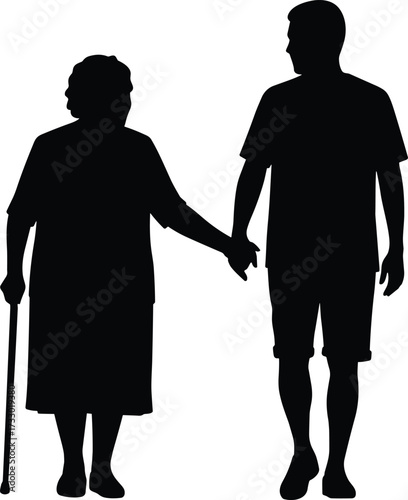 Elderly and young walking silhouettes, intergenerational care, black vector icons, cane support, family bond, casual outfit, white background, relationship concept