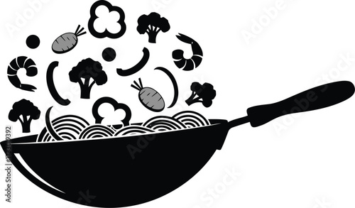 Fresh wok stir fry noodles with colorful vegetables flying out top asian cuisine cooking concept vector