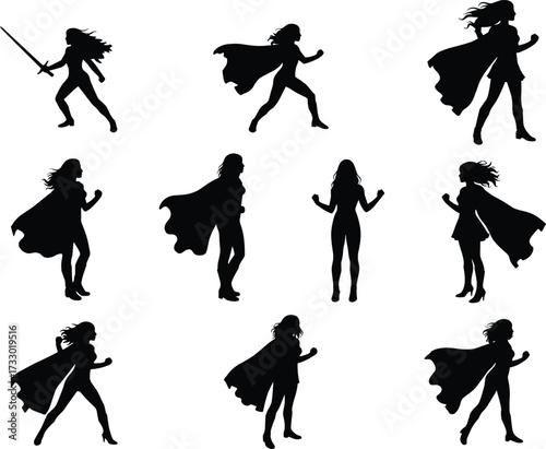 Female superhero silhouettes, dynamic poses, action stances, cape designs, weapon icons, comic style, black vector, heroic women, grid layout, empowerment art