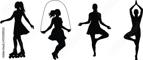 Fitness activity silhouette set, roller skating, jump rope, yoga poses, black vector icons, exercise movement, balance coordination design