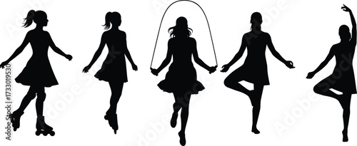Fitness activity silhouette set, roller skating, ice skating, jump rope, yoga poses, dancing figure, black vector icons, movement design