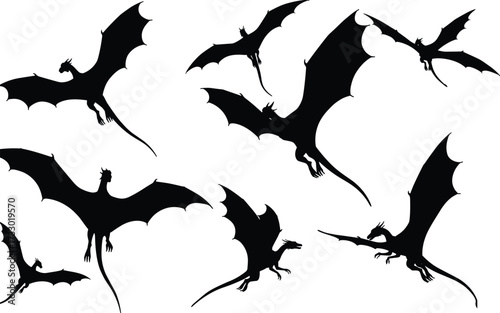 Flying dragon silhouette set, fantasy creature icons, black vector illustration, mythical wings, prehistoric pterosaur shapes, dynamic flight design
