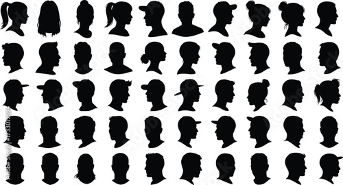 Head profile silhouettes, diverse hairstyles, black icons, white background, male and female styles, character design, grooming, fashion, identity