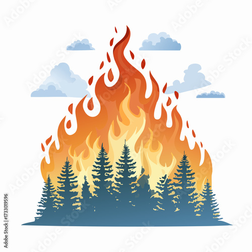 A dramatic wildfire consumes a forest landscape. Intense flames and smoke rise against a silhouette of trees. Evokes power and natural disaster.