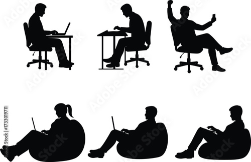 Laptop and mobile silhouettes, casual computing, black icons, white background, bean bag poses, multitasking, work from home, digital lifestyle