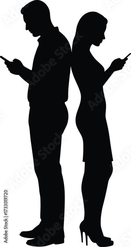 Man woman smartphone silhouette, back-to-back pose, mobile device usage, black vector icons, digital disconnection, modern technology behavior