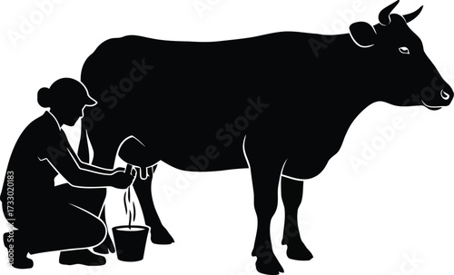Farm worker milking dairy cow silhouette traditional agriculture rural livestock industry vector