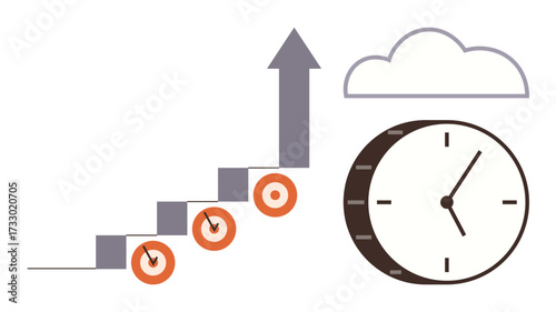 Steps with upward arrow show growth, modular clock for time, cloud for innovation. Ideal for success, progress, management, time, productivity strategy goal-setting. Simple flat metaphor