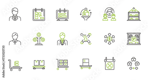 A comprehensive set of thin line icons representing business logistics, supply chain management, warehouse operations, and delivery services
